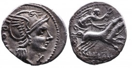 L. Flaminius Chilo, Rome Mint, 109-108 BC.
Helmeted head of Roma right, behind ROMA, below chin X;
Victoria holding wreath, driving galloping biga rig...