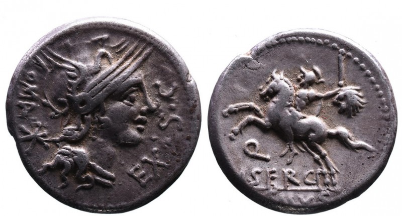 M. Sergius Silus, Rome Mint, 116-115 BC.
Helmeted head of Roma right, behind ROM...