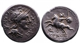 M. Sergius Silus, Rome Mint, 116-115 BC.
Helmeted head of Roma right, behind ROMA _, in front EX_S_C
Helmeted horseman galloping left, holding sword a...