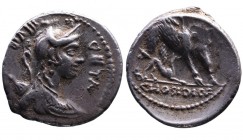 C. Hosidius C.f. Geta, Rome Mint, 64 BC.
Diademed and draped bust of Diana with pearl necklace and earring right, bow and quiver on shoulder, in front...