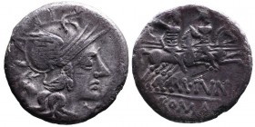 M Iunius Silanus, Rome Mint, 145 BC.
Helmeted head of Roma right, behind ass's head, X below chin;
The Dioscuri with spears riding on horseback to rig...