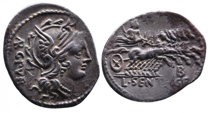 L. Sentius C.f., Rome Mint, 101 BC.
Helmeted head of Roma right, behind ARG_PVB
...