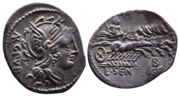 L. Sentius C.f., Rome Mint, 101 BC.
Helmeted head of Roma right, behind ARG_PVB
Jupiter holding thunderbolt and sceptre, driving galloping quadriga to...