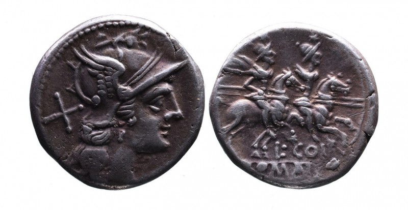 L. Coelius, Rome Mint, 189-180 BC.
Helmeted head of Roma right, behind X;
The Di...