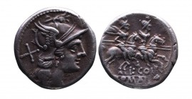 L. Coelius, Rome Mint, 189-180 BC.
Helmeted head of Roma right, behind X;
The Dioscuri with spears riding on horseback to right, beneath L_COIL, in ex...