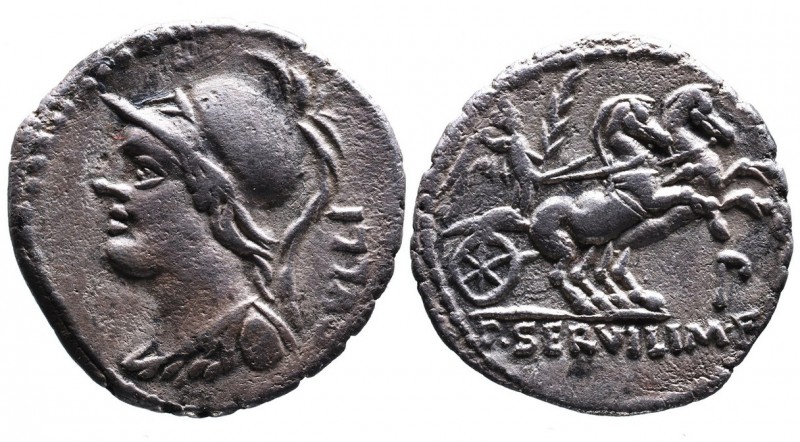 P. Servilius M.f. Rullus, Rome Mint, 100 BC.
Helmeted bust of Minerva with aegis...
