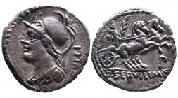 P. Servilius M.f. Rullus, Rome Mint, 100 BC.
Helmeted bust of Minerva with aegis to left, behind RVLLI;
Victoria holding palm driving biga right, bene...