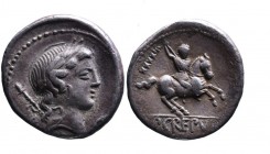 P. Crepusius, Rome Mint, 82 BC.
Laureate head of Apollo right, behind sceptre, uncertain control letters in both fields;
Horseman brandishing spear ri...