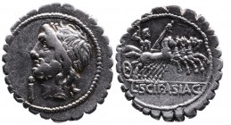L. Cornelius Scipius Asiagenus, Rome Mint, 106 BC.
Laureate head of Jupiter left, control mark below chin;
Jupiter holding thunderbolt and sceptre, dr...