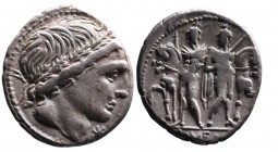 L. Memmius, Rome Mint, 109-108 BC.
Head of a male wearing oak wreath right, below chin _;
Dioscuri holding spears standing before their horses frontal...