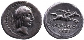 L. Calpurnius Piso Frugi, Rome Mint, 67 BC.
Laureate head of Apollo right, behind control symbol arrowhead;
Horseman holding long palm galloping right...