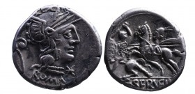 C. Servilius Vatia, Rome Mint, 127 BC.
Helmeted head of Roma right, behind lituus, beneath ROMA, below chin _;
Two warriors battling on horses: the on...