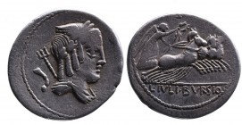 L. Iulius Bursio, Rome Mint, 85 BC.
Laureate, winged and draped bust of Apollo Vejovis right, behind trident and control symbol;
Victoria holding wrea...