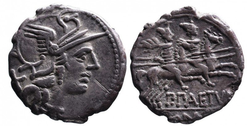 P. Paetus, Rome Mint, 138 BC.
Helmeted head of Roma right, behind X;
The Dioscur...