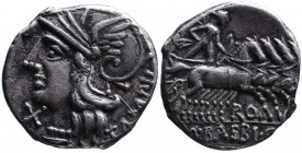 M. Baebius Q.f. Tampilus, Rome Mint, 137 BC.
Helmeted head of Roma wearing necklace of beads left, below chin X, behind TAMPIL;
Apollo holding bow and...
