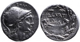Q. Lutatius Cerco, Rome Mint, 109-108 BC.
Head of Roma or Mars wearing helmet decorated with feather and two stars right, behind _, above ROMA, below ...