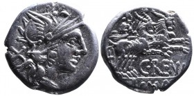 C. Renius, Rome Mint, 138 BC.
Helmeted head of Roma right, behind X;
Juno holding sceptre and whip driving biga of goats to right, beneath C_RENI, in ...