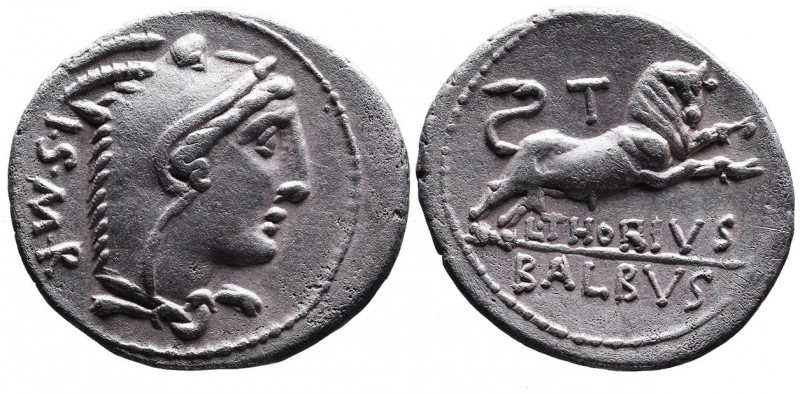 L. Thorius Balbus, Rome Mint, 105 BC.
Head of Juno Sospita wearing goat skin cap...