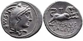 L. Thorius Balbus, Rome Mint, 105 BC.
Head of Juno Sospita wearing goat skin cap, behind I_S_M_R;
Bull charging right, above control mark T, beneath L...