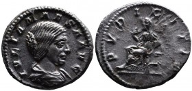 Julia Maesa, Rome Mint, AD 218-225.
Bare and draped bust of Julia Maesa right, IVLIA MAESA AVG;
Pudicitias seated left, raising veil and holding scept...