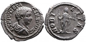 Geta AD 198-212, as caesar, Rome Mint, ca. AD 200-202.
Bare and draped bust of Geta right, P SEPT GETA CAES PONT;
Nobilitas standing right, holding sc...