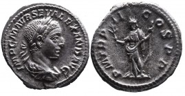 Alexander Severus AD 222-235, Rome Mint, AD 222-224.
Laureate and draped bust of Alexander Sever right, IMP C M AVR SEV ALEXAND AVG;
Pax standing left...
