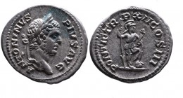 Caracalla AD 198-217, Rome Mint, AD 209-210.
Laureate head of Caracalla right, ANTONINVS PIVS AVG;
Virtus standing right with foot placed on helmet, h...