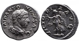 Elagabalus AD 218-222, Rome Mint, ca. AD 219.
Laureate and draped bust of Elagabalus right, IMP ANTONINVS AVG;
Victoria advancing left, holding wreath...