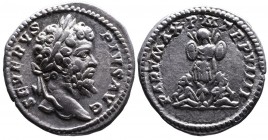 Septimius Severus, AD 193-211, Rome Mint, AD 201.
Laureate head of Septimius Severus right, SEVERVS PIVS AVG;
Trophy with two captives seating, PART M...