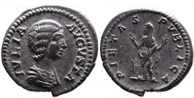 Julia Domna AD 193-217, Rome/Laodicea ad Mare Mint, ca. AD 196-211.
Bare and draped bust of Julia Domna right, IVLIA AVGVSTA;
Pietas in veil standing ...