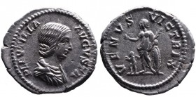 Plautilla AD, Rome Mint, ca. AD 202-205.
Bare and draped bust of Plautilla right, PLAVTILLA AVGVSTA
Venus standing left, leaning upon oval shield to r...