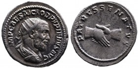 Pupienus AD 238, Rome Mint, April-June AD 238.
Radiate, cuirassed and draped bust of Pupienus right, IMP CAES M CLOD PVPIENVS AVG;
Clasped hands, PATR...