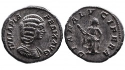 Julia Domna AD 193-217, Rome Mint, ca. AD 211-217.
Bare and draped bust of Julia Domna right, IVLIA PIA FELIX AVG;
Diana standing facing, head turned ...