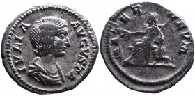 Julia Domna AD 193-217, Rome Mint, ca. AD 196-211.
Bare and draped bust of Julia Domna right, IVLIA AVGVSTA;
Kybele seated on the throne flanked by li...