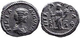 Julia Domna AD 193-217, Rome Mint, ca. AD 196-211.
Bare and draped bust of Julia Domna right, IVLIA AVGVSTA;
Hilaritas standing left, holding long pal...