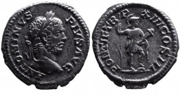 Caracalla AD 198-217, Rome Mint, AD 210.
Laureate head of Caracalla right, ANTONINVS PIVS AVG;
Virtus standing right, foot on helmet, holding spear an...