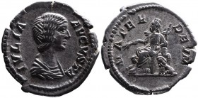 Julia Domna AD 193-217, Rome Mint, ca. AD 196-211.
Bare and draped bust of Julia Domna right, IVLIA AVGVSTA;
Kybele seated on the throne flanked by li...