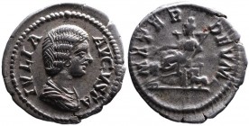 Julia Domna AD 193-217, Rome Mint, ca. AD 196-211.
Bare and draped bust of Julia Domna right, IVLIA AVGVSTA;
Kybele seated on the throne flanked by li...