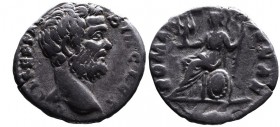 Clodius Albinus AD 193-197 as caesar, Rome Mint, ca. AD 194-195.
Bare head of Clodius Albinus right, D CL SEPT ALBIN CAES;
Roma seated on the shield l...