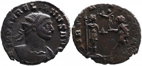Aurelianus AD 270-275, Uncertain Mint, ca. AD 271-272.
Radiate and cuirassed bust of Aurelianus right, IMP AVRELIANVS AVG;
Soldier with spear and glob...