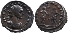 Aurelianus AD 270-275, Mediolanum Mint, ca. AD 271-272.
Radiate and cuirassed bust of Aurelianus right, IMP AVRELIANVS AVG;
Soldier with spear and glo...