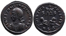 Constantine II AD 317-340, as caesar, Thessalonica Mint, ca. AD 320.
Laureate, draped and cuirassed bust of Constantinus II left, CONSTANTINVS IVN NOB...