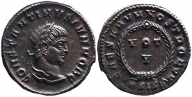 Constantine II AD 317-340, as caesar, Siscia Mint, ca. AD 320-321.
Laureate head of Constantinus II right, CONSTANTINVS IVN NOB C;
VOT_V within wreath...