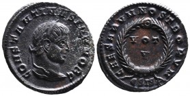 Constantine II AD 317-340, as caesar, Siscia Mint, ca. AD 320-321.
Laureate head of Constantinus II right, CONSTANTINVS IVN NOB C;
VOT_V within wreath...