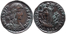 Constans AD 333-350, Siscia Mint, ca. AD 348-350.
Pearl-diademed, draped and cuirassed bust of Constans right, A behind head, DN CONSTANS PF AVG;
On t...