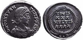 Constantius II AD 324-361, Constantinople Mint, ca. AD 355-361.
Pearl-diademed, draped and cuirassed bust of Constantius II right, DN CONSTANTIVS PF A...