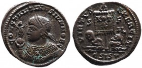 Constantine II AD 317-340, as caesar, Siscia Mint, ca. AD 320.
Laureate and draped bust of Constantinus II left, with mappa in left and Victoria on gl...