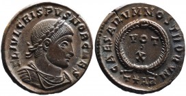 Crispus AD 317-326, as caesar, Arles Mint, ca. AD 322-323.
Laureate, draped and cuirassed bust of Crispus right, FL IVL CRISPVS NOB CAES;
VOT_X within...