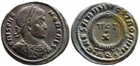 Crispus AD 317-326, as caesar, Aquileia Mint, ca. AD 321.
Laureate, draped and cuirassed bust of Crispus right, CRISPVS NOB CAES;
VOT_X within wreath,...