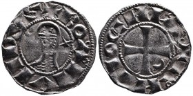 Crusader Kings of Antioch
King Bohemond III. 1162 - 1201 AD. Silver denier.
Helmeted head of king in chain-maille armor, crescent and star to sides, +...